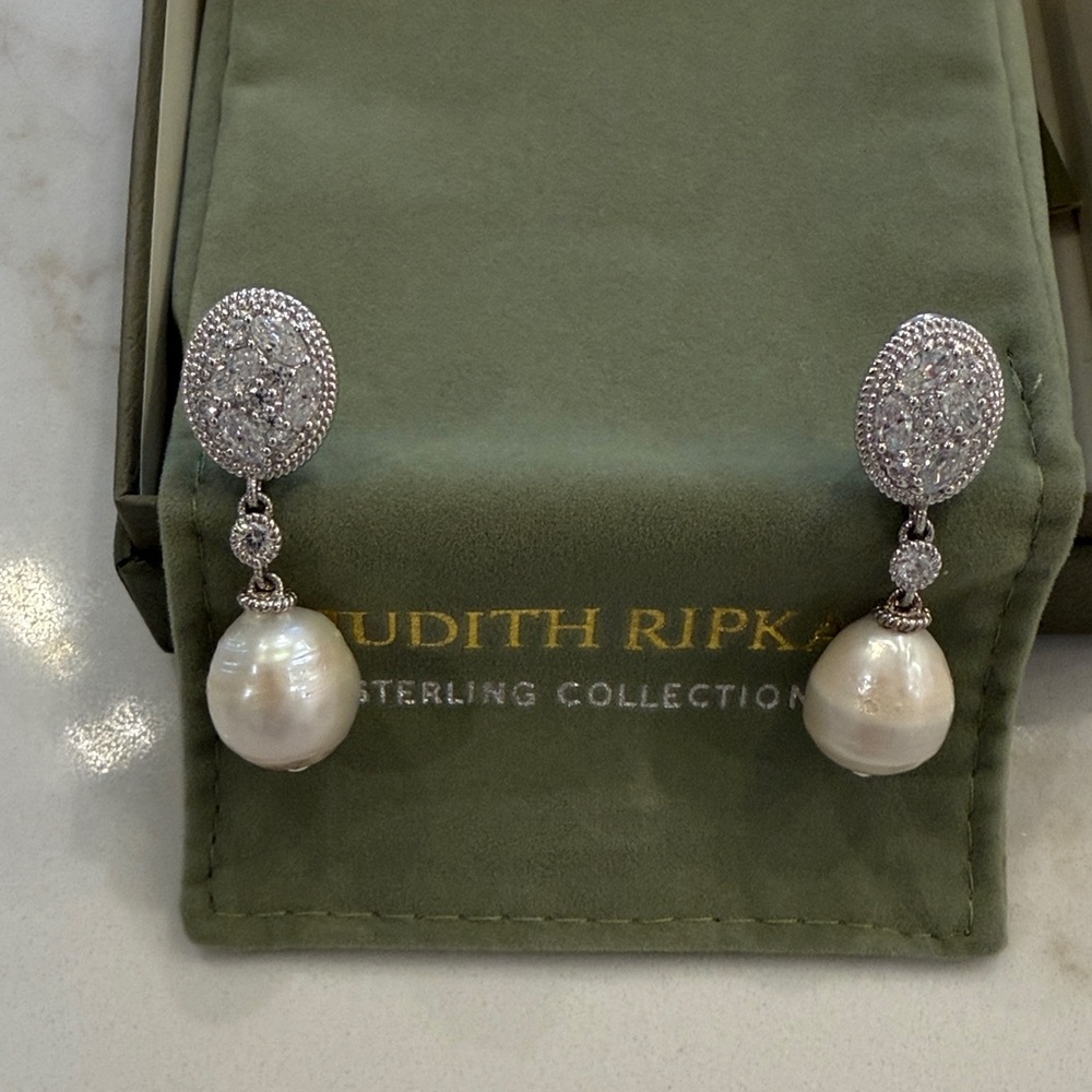 Judith Ripka Sterling Silver Pave CZ & White Baroque Pearl Drop Earrings